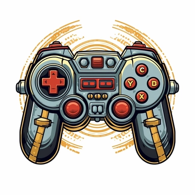 emblem of a retro video game controller and console, white background, clipart, bootleg shirt design, cel shading, vector art, symmetrical, golden ratio, muted colors, black and red art