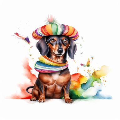 whimsical cute [Cinco de mayo, dachshund] , hyper-realistic watercolor illustration, 3d, 8k high definition, highly detailed, masterpiece, clip art, white background
