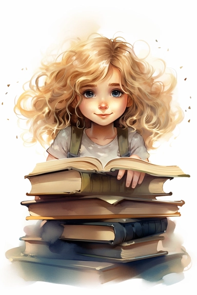 Draw lovely watercolor fantasy clipart , 10 year old girl with curly dark blonde hair and bangs reading pile of books, 32k
