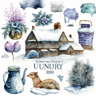january clipart elements, watercolor, cold, england