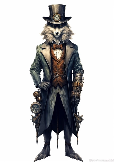 Steampunk Gray wolf clipart, realistic, Watercolor Retro Futuristic Victorian Era, art picture, full body, watercolor, multicolor, white background, lots of details, high quality - 8K,
