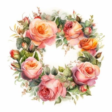 Watercolor Painting of beautiful multi - headed Rose Wreath FLOWERS on white background DETAILED ILUSTRATION, Flora Design Patterns, Flemish Baroque by Rachel Ruysch, Behance, Rococo, Intricate Detailed, Soft Light Effect, Oil Paint Strokes, Light Academia Aesthetic Flowers, Lighting cinematic, all shown shimmering stamens, tyndall light, texture, colorful, 8k, fantasy, ray tracing, vivid, spectacular lighting, octane rendering, highly detailed, ultra - realistic, white background, clipart