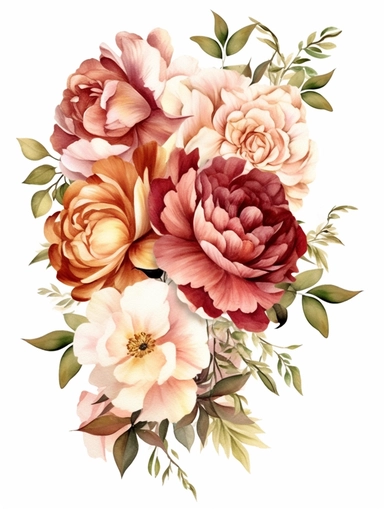 clear watercolor burgundy and peach peonies in corner arrangement border, hyper detailed, high definition, ultra realistic, clipart, white background,