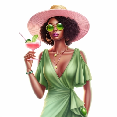 Pretty black woman, Sun Straw Hat Wide Brim Summer Beach Hat, pretty, holding a cocktail drink, pink and green outfit, 4k, hd, clipart, sticker, fantasy style