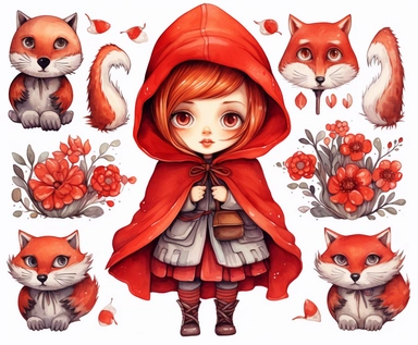 red riding hood clipart, vector art, clip art, clipart, in the style of claudia tremblay, birds & flowers, kawaii manga, realistic watercolors, dark white and light orange, eleanor fortescue-brickdale, isolated figures