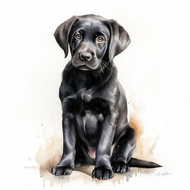 black labrador retriever puppy sitting down, watercolor illustration, clipart, full body, hyper-realistic animal illustration, childlike, free brushwork, white background