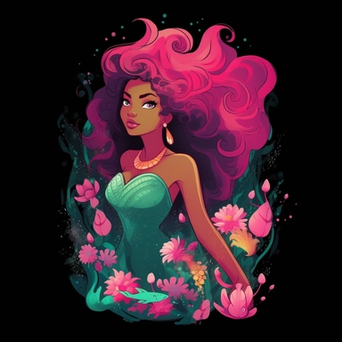 a clipart art T-shirt design black African American magical color colorful mermaid of the the sea cartoon emerald hot pink Disney pixar