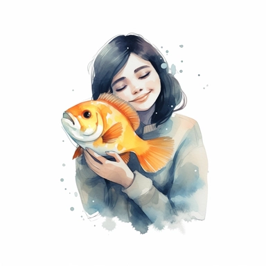 Adorable pet Clownfish having happy moment with it's human owner, water color style, clipart, white background