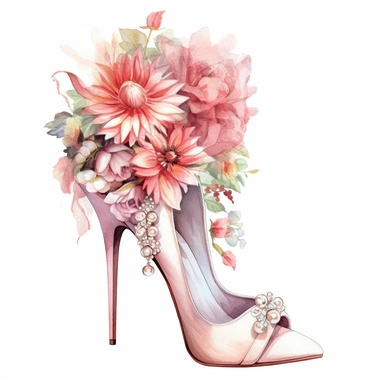 watercolor clipart of high heels with a blend of ivory and pink, decorated with bridal flowers and jewels, colored pencil drawing, good composition, vector, contour, isolated white background, 16k