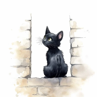 back high level view, cute black cat waiting before mouse whole in wall, illustration, white background, clipart, nursery illustration, illustration for children