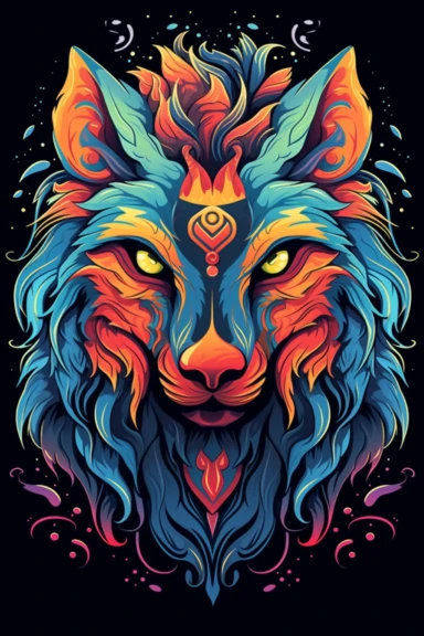 [8818211992286028] T Shirt Design, Wolf Face Vector, Lion King Clipart, Symbol inspired by One Piece, vibrant color scheme, black background