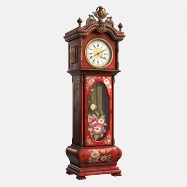 one red Vintage Grandfather clock with flowers Clipart, white isolated background, space out, hd, 8k, realistic