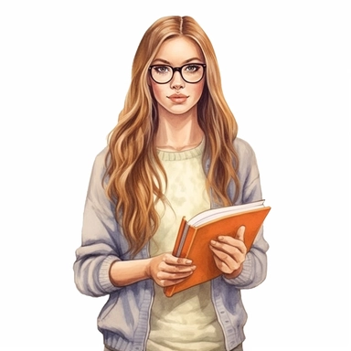 isolated illustration on a white background, a hyper realistic girl in a beige outfit wearing glasses holding a book in her hand long ultra straight very natural looking long straight hair, in the style of populair Etsy clipart, 32k, Clipart, watercolor realistic and highly detailed, natural realistic soft colors