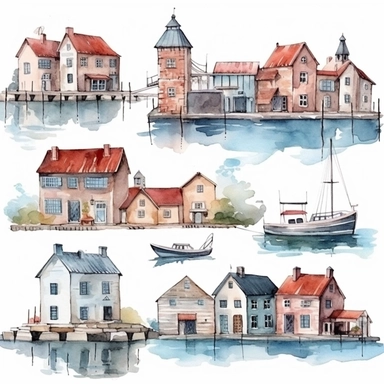 watercolor harbor village, illustrations clipart set, simple, , cartoon elements ,different variants , separate elements with a margin