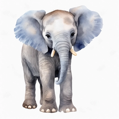 a baby female grey African elephant with a blue bow on head, stood sideways to the camera looking right, watercolour painting blank transparent background png clipart