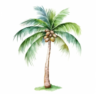 Watercolor A tall palm tree with coconuts and green fronds clipart, Minimalist, bright colors, isolated white background, 8k