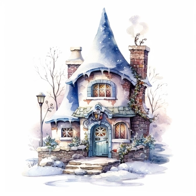 winter, snow, frozen, cute Cottagecore fairy house Clipart, watercolor, white background with margins