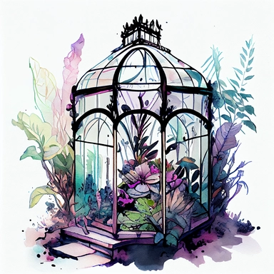 on a white background for a clipart realistic and detailed whimsical deep and bright color watercolor and black ink illustration in the 2d anime style. a glass greenhouse in art deco style overgrown with magic and fragrant vegetation, purple, pink, blue, green colors and shades magical details and mystical atmosphere. plants are everywhere