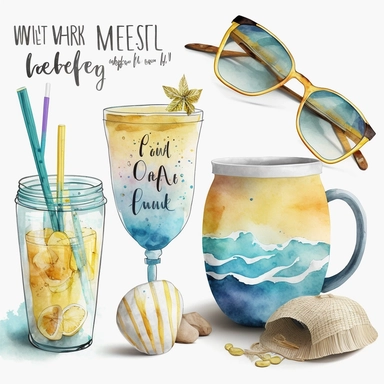 watercolor beach items clipart, white background,