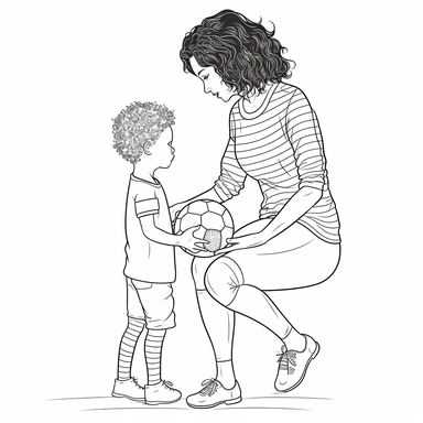 coloring page for kids of a mother and a child playing football, full body view, white neutral background, clean line art, low details , 1,5px thick black lines, simple clipart. simple