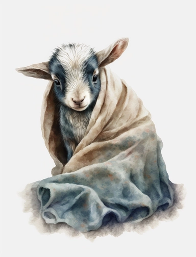 baby goat in a blanket, watercolor clipart, transparent background