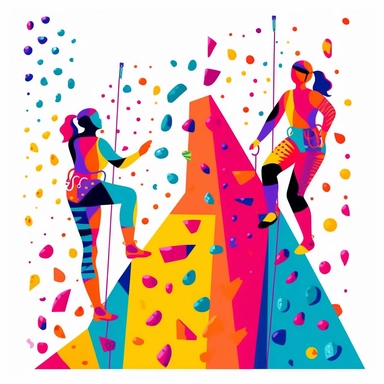 White background: discreet and minimalist, cute female rock climbers on the climbing wall , vector, sticker, isolated on white background, vibrant colors, lisa frank Clipart style. Simple, flat, 2D design with bold lines and a clear, uncluttered aesthetic. Rendered in vibrant, appealing colors