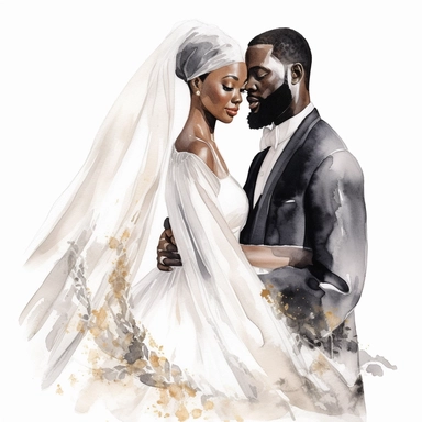 amazing detailed watercolor clipart of a black woman bride with a beautiful couture dress and long veil and a black male groom, solid white background, clean sharp focus