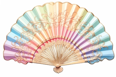 drawing illustration of a pastel rainbow rococo hand fan, clipart,