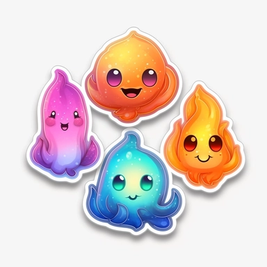 3 stickers with white background and border, emoji clipart as cute fire elementals, high res, iridescent, some bioluminescent