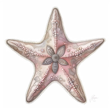 Watercolored pencil style illustration, boho style decorated starfish, pink, beige and silver, isolated on a white background, PNG file clipart style, Dennis Wojtkiewicz, Amanda Clark, Lowell Herrero,