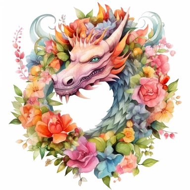 Captivating 4K floral watercolor dragon clipart, intricately designed with a harmonious fusion of botanical elegance and mythical allure, the dragon's body intricately embellished with intricate floral motifs and patterns, each petal and scale painted with meticulous attention to detail and vibrant watercolor pigments, evoking a sense of enchantment and wonder