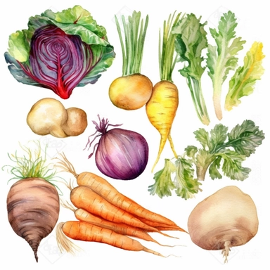vegetables, cabbage, carrot, beet, pumpkin clipart on a white background, all items are isolated from each other on a white background, watercolor illustration Beatrix Potter, high quality, photorealistic highly detailed watercolor painting