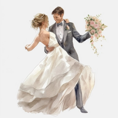 watercolor, drawing, illustration of the bride and groom, the bride is a little fat ( a little overweight 180 pounds ), the bride has a short haircut, laughing, wedding dance, holding a bouquet, flowers, clipart, high resolution image, detailed image, photorealistic, 3D, 4K