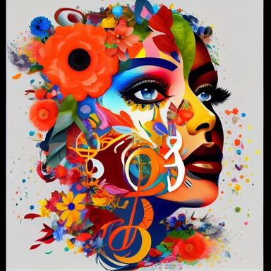 a painting of a woman's face surrounded by flowers and musical notes, by Zelma Blakely, shutterstock contest winner, funk art, clipart icon, creative commons attribution, eyecandy, mission arts environment, color splash, euphoria, memphis design, portrait of a young teenage girl, polyphonic bio - communications, beautiful avatar pictures, high colors compression, musical, gorgeous colors
