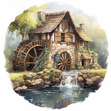 Highly detailed watercolor clipart artwork showcasing the beauty of an ancient medieval cottage with waterwheel surrounded by nature's tranquility. The cottage, situated alongside a calm and meandering river, features a charming waterwheel that turns gracefully, adding a touch of whimsy to the scene. The artist's meticulous attention to detail brings the rustic cottage to life, with textured stone walls, a thatched roof, and vibrant vegetation. Against a pure white background, clipart,