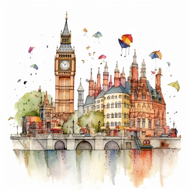Very very cute and Whimsical quirky houses, London, Big Ben, Thames River, rainy day, Watercolored illustration in the style of Michael Powell, clipart, white background
