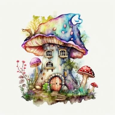 bright realistic Magical faires Mushroom House, watercolor colors clipart style, on white background, 32k, full high definition, ultra clear image, ultra fine lines, hyper-realistic detail, whole imagine with thick black outline