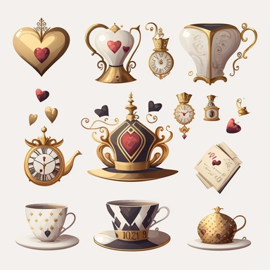 collection of hat , teapot,book, teacup, hearts cards, big crazy hat, gold melting clock , hourglass, queen of hearts , hearts paying cards vector light color palette clipart on white background