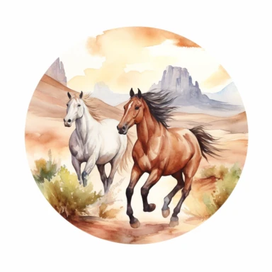 watercolor scene wild horses running in the desert, white backgroud, round clip art