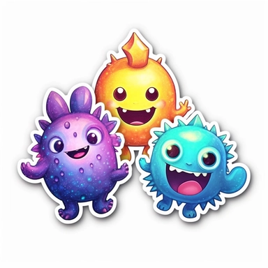 3 stickers with white background and border, emoji clipart as cute monsters, high res, iridescent, some bioluminescent, sfumato technique