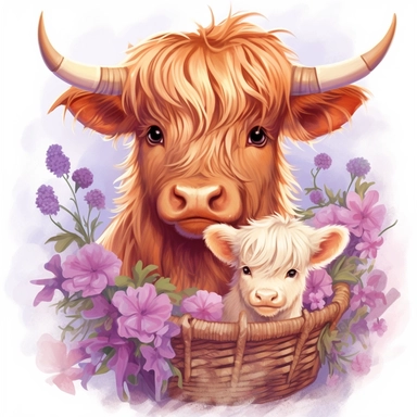 Illustrate a charming close-up clipart of a Highland Cow mom and its baby in a floral basket, showcasing their endearing expressions and capturing the sweetness of their bond, using ultra HD image quality to create an exquisite artwork that evokes a sense of love and warmth