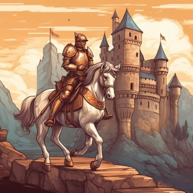 Create an epic knight-on-horseback scene with the bundle's knight and castle clipart