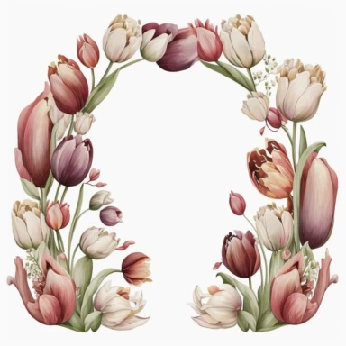 rounded horseshoe arch of tulips. clipart. watercolor. dusty pink/red/whitepastel tones. white background