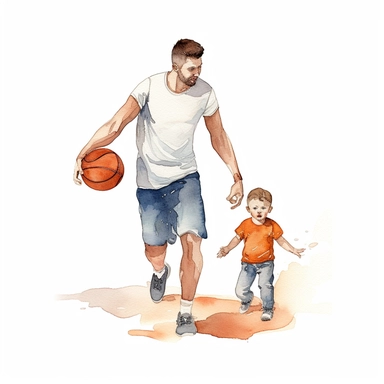 watercolor, hyper realistic, white background with margins, 8k, ultra detailed clipart Create a watercolor clipart of a father and son playing basketball together. The father is dribbling a ball, and the son is shooting a basket, cartoon style