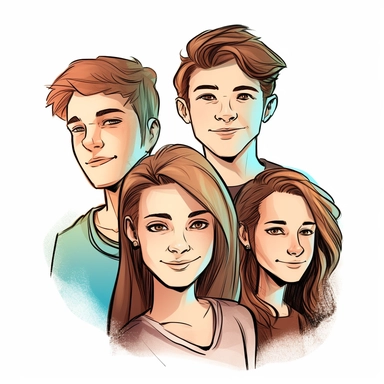 Clipart style pic of 3 brothers and 1 sister, just headshots