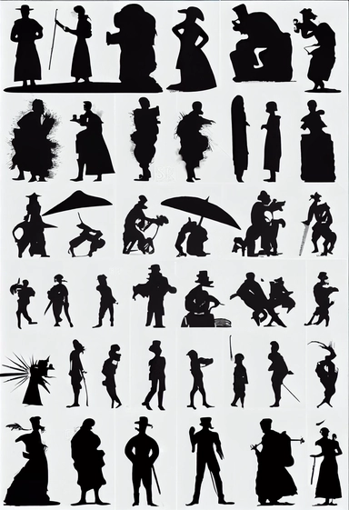 separate silhouettes of people from different trades and jobs from all over the world: circus, artists, performers, actors, sorcerers, magicians, musicians, madmen. Bizarre, whimsical, random, victorian, theatrical, enigmatic. Black and white clipart collection, white backgroundhttps://s.mj.run/S9ubl-y8KR4 silhouettes of people carrying random things, on the head, on the back, dragging stuff, with a cart, with bags, with heavy boxes. vintage style drawing style simple cartoon, pinterest, simple 