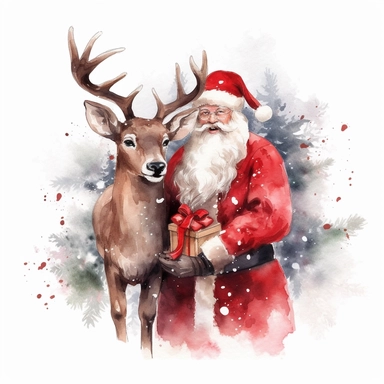 Clipart on White Backgraund Christmas Deer and Traditional Red Santa Claus with big gift Water color