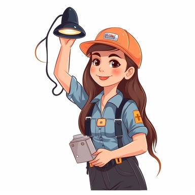 woman electrician cute character clipart, connecting a ceiling lamp, white background, no caption
