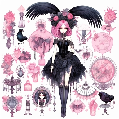 gothic clip art page white background , turnaround full body sprite page, photo realistic beautiful woman, Quilt design of portrait of a woman In the style of collage in swamp wedding makeup card captor sakura anime, candy candy, Phantom Thief Saint Tail, card captor sakura, pink mexican city, amazing, soft pastels, turquoise, shiny, neon, glitter and feathers, Jeremy Mann, Aleah Chain, leonadro da vincidroberto ferri sadness solitude death fashion, Intricate, watercolor, oil painting, pastelpun