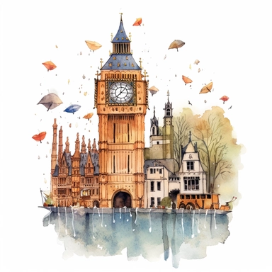 Very very cute and Whimsical quirky houses, London, Big Ben, Thames River, rainy day, Watercolored illustration in the style of Michael Powell, clipart, white background